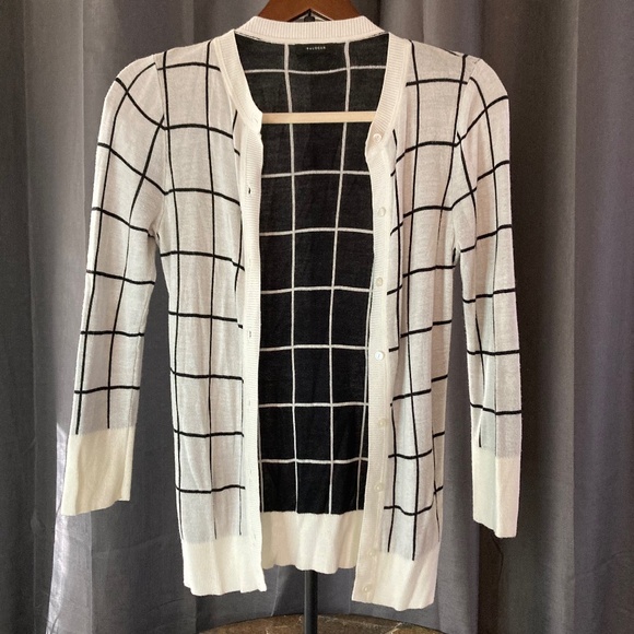 Halogen Sweaters - Halogen Ivory Black Window Pane Striped Cardigan Sweater Classic Preppy Sz XS